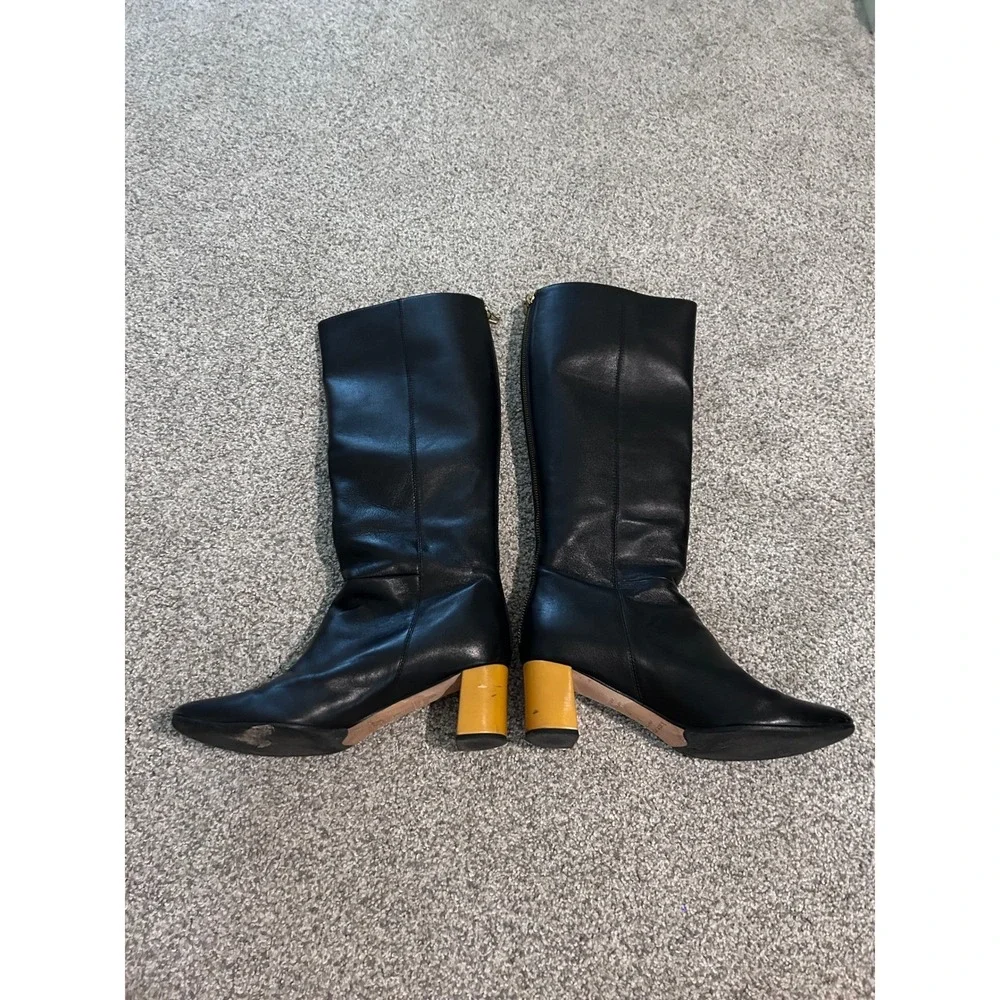 Kate Spade New York‎ Black Leather Knee High Boots Block Heel Zip Back